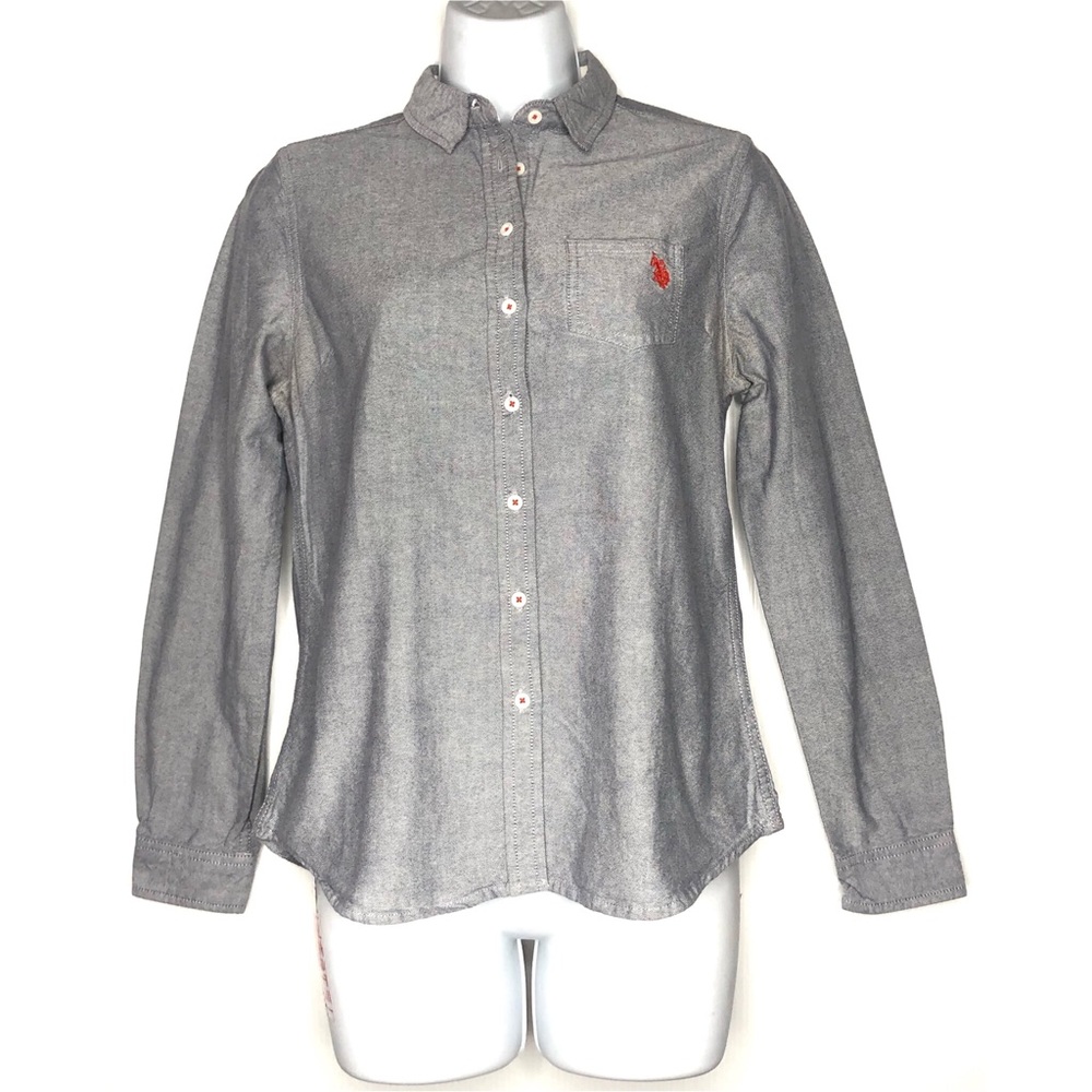 US POLO ASSN Gray Chambray Red Emblem Stitch Top
